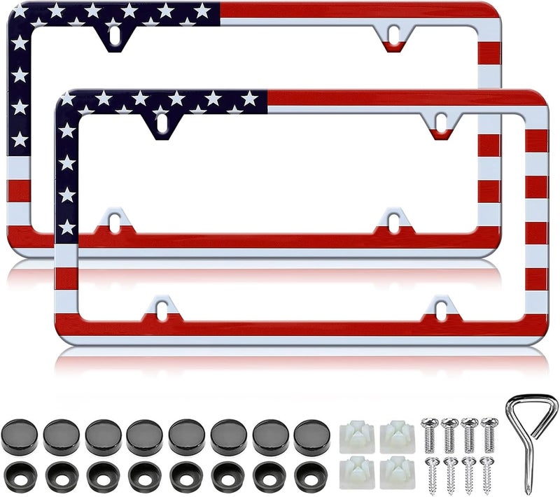 LIN KANG American Flag License Plate Frame - 2 Pack Classic Patriotic USA Flag Aluminum Metal License Plate Holder Covers, Rust-Proof Waterproof Car Decorative Tag Frames for Standard US 12x6 Inch - Image 1